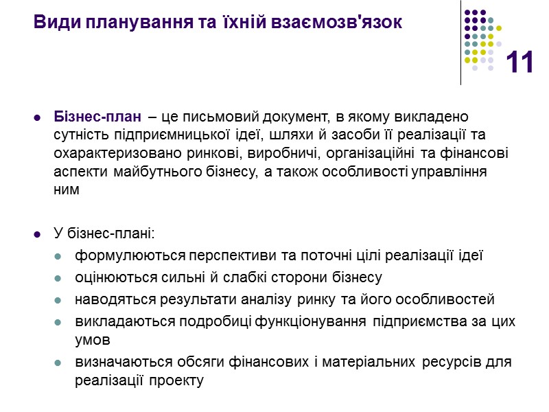 11 Види планування та їхній взаємозв'язок   Бізнес-план – це письмовий документ, в